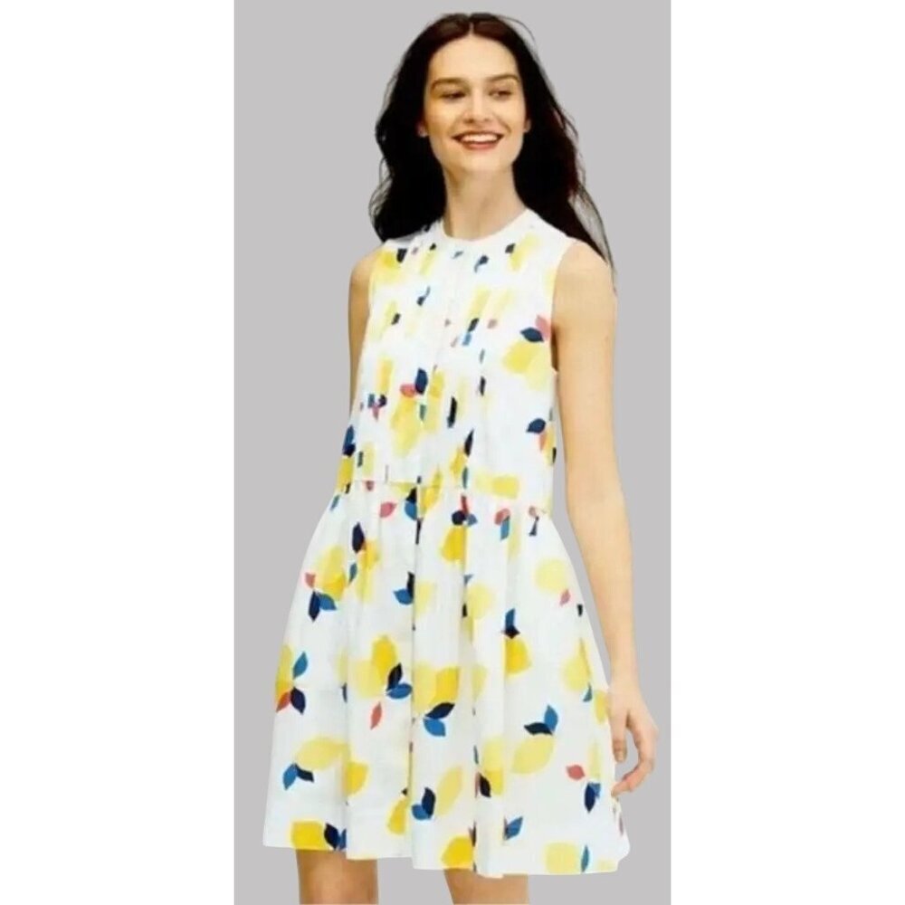 Kate Spade White Yellow Lemon Zest Pleated High Neck Summer Button Up Mini Dress